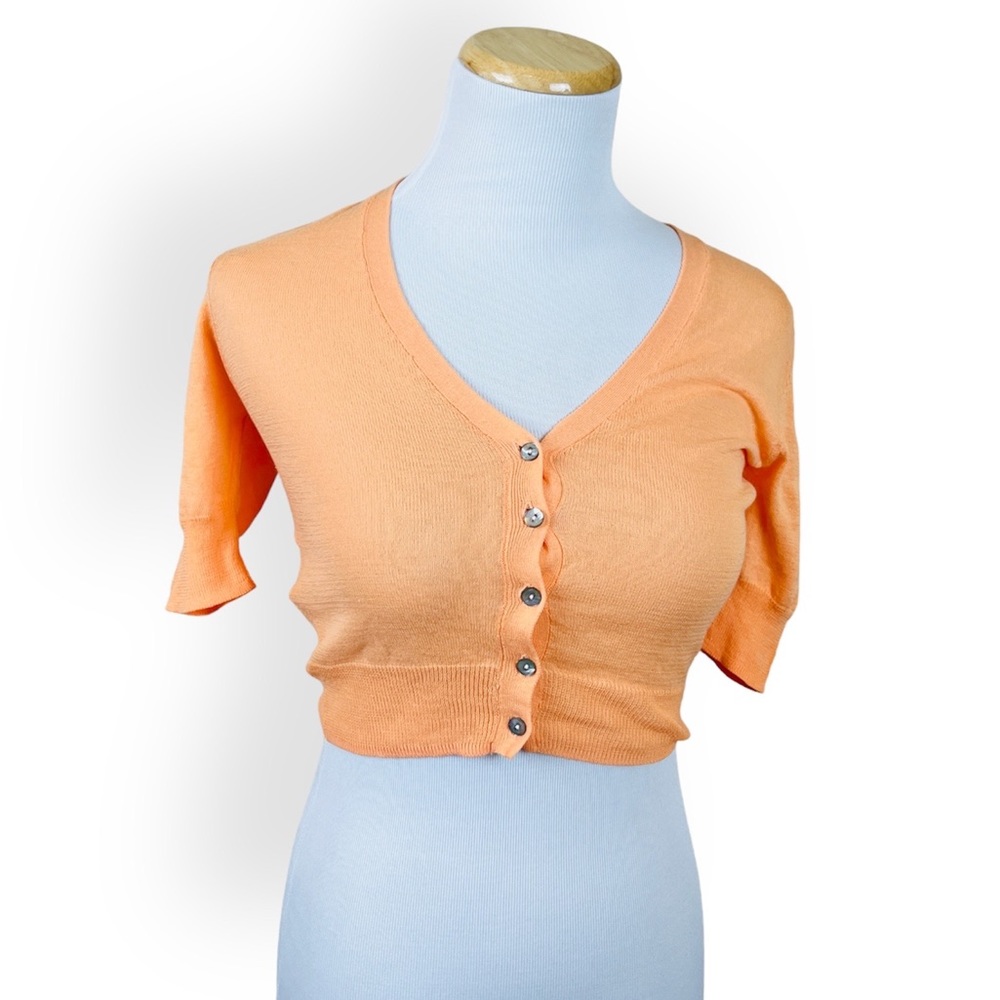 MANGO MNG Pastel Orange Short Sleeve Button Y2K Cropped Cardigan XS Sheer VNeck